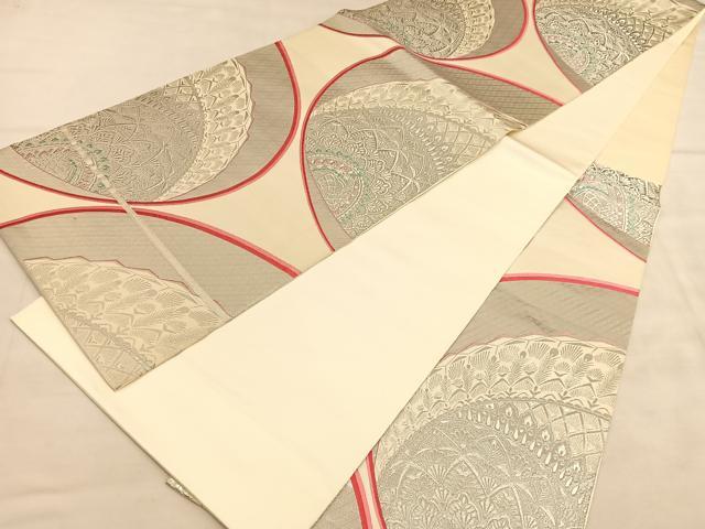 平和屋着物◎六通柄袋帯 唐織 孔雀紋様 プラチナ箔 正絹 逸品 未使用 BAAU8297hv