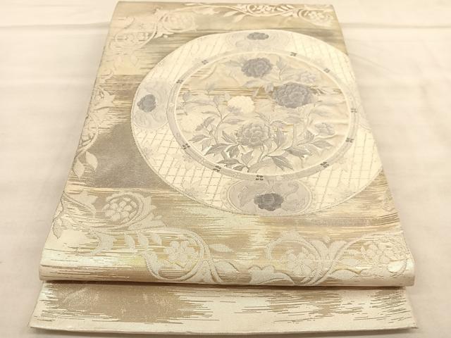 平和屋着物◎太鼓柄袋帯 花絵皿文 銀糸 正絹 逸品 BAAU8309hv