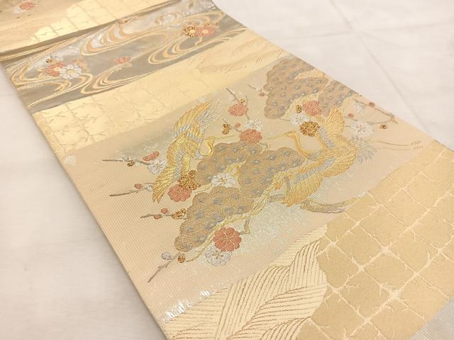 平和屋着物◎六通柄袋帯 飛鶴草花文 金糸 正絹 逸品 BAAU8405yc