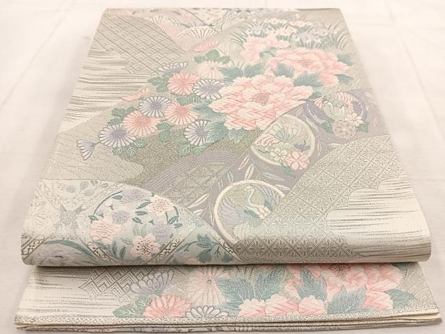 平和屋着物◎六通柄袋帯 唐織 純プラチナ 吉祥動物花文 正絹 逸品 BAAU8418yc