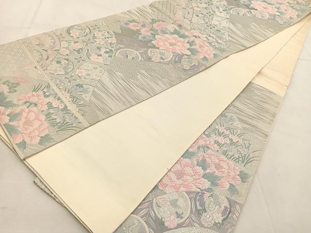 平和屋着物◎六通柄袋帯 唐織 純プラチナ 吉祥動物花文 正絹 逸品 BAAU8418yc