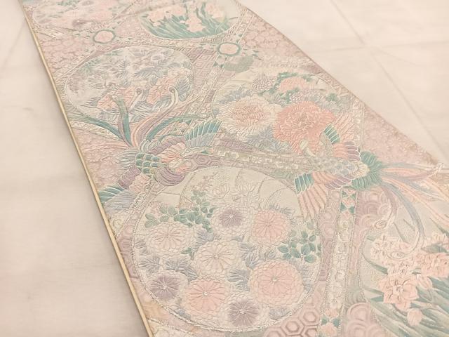 平和屋着物◎六通柄袋帯 唐織 鳳凰格天井花丸文 銀糸 正絹 逸品 BAAU8438yc