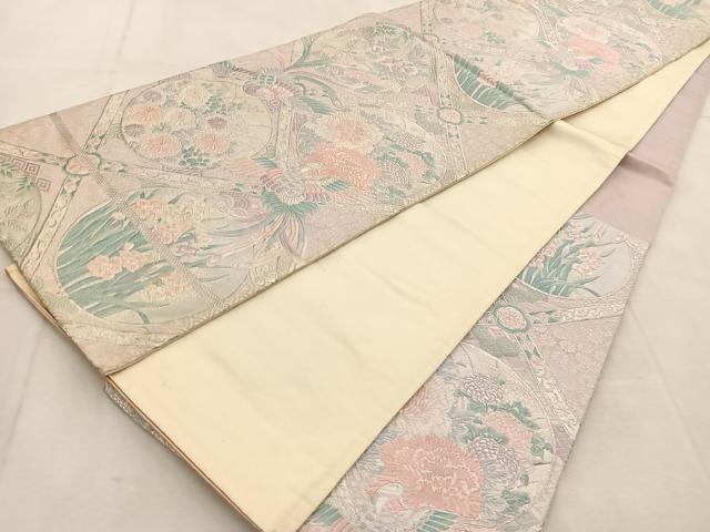 平和屋着物◎六通柄袋帯 唐織 鳳凰格天井花丸文 銀糸 正絹 逸品 BAAU8438yc