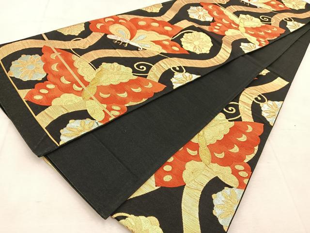 平和屋着物◎六通柄袋帯 立涌花蝶文 黒地 金銀糸 正絹 逸品 BAAU8442yc