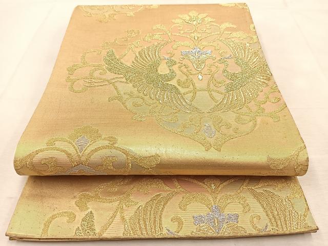 平和屋着物◎六通柄袋帯 向かい鳥更紗花文 金銀糸 正絹 逸品 BAAU8447yc