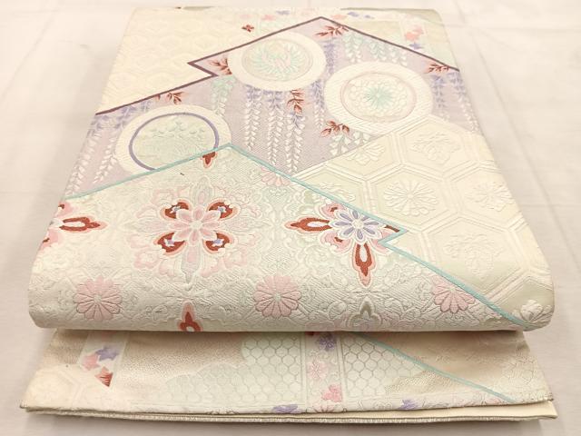 平和屋着物◎六通柄袋帯 唐織 松皮菱花鳥文 銀糸 正絹 逸品 BAAU8489yc