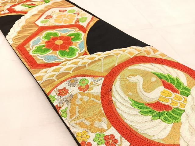 平和屋着物◎六通柄袋帯 唐織 飛鶴花蝶文 黒地 金銀糸 正絹 逸品 BAAU8491yc