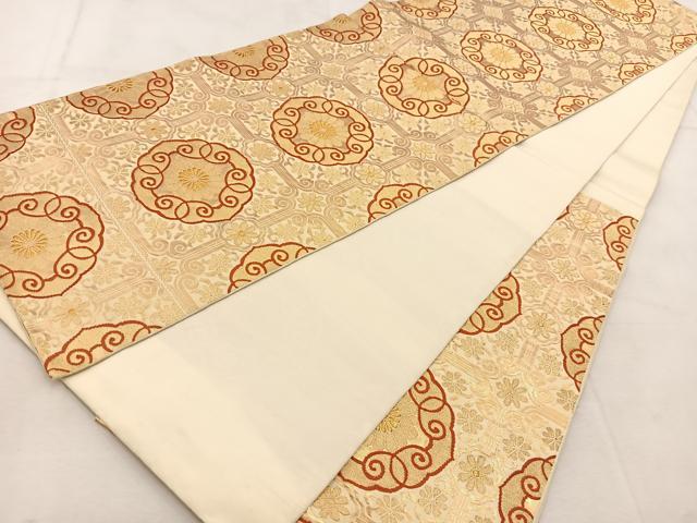 平和屋着物◎六通柄 本袋帯 白馬錦 格天井菊花文 金糸 正絹 逸品 BAAU8498yc