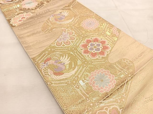 平和屋着物◎六通柄袋帯 唐織 鳳凰亀甲花文 金糸 正絹 逸品 BAAU8505yc