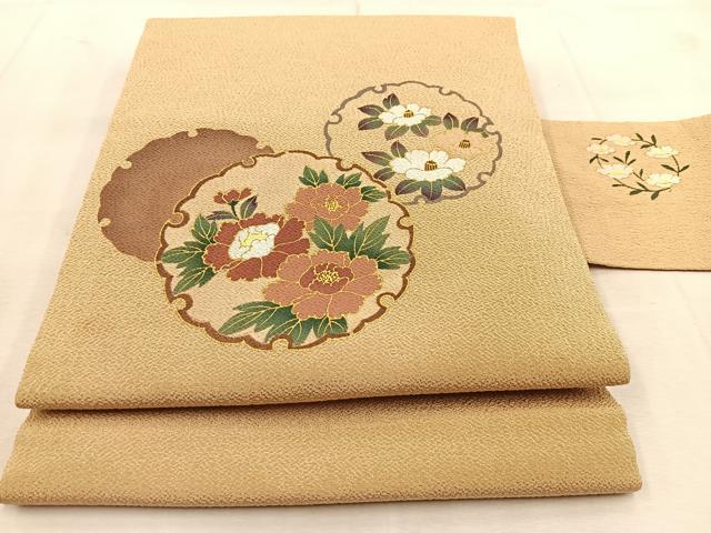 平和屋着物●九寸名古屋帯　舞花文　金彩　鬼しぼ縮緬　正絹　逸品　CABB9273hy 平和屋着物○初代 染人・山岡古都 首里琉染 九寸名古屋帯 更紗花唐草文