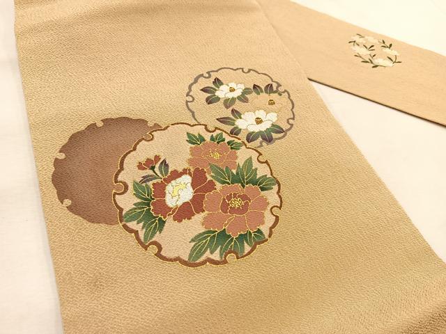 平和屋着物●九寸名古屋帯 手描き 雪輪花文 香色 金彩 鬼しぼ縮緬 正絹 逸品 BAAU8527yc