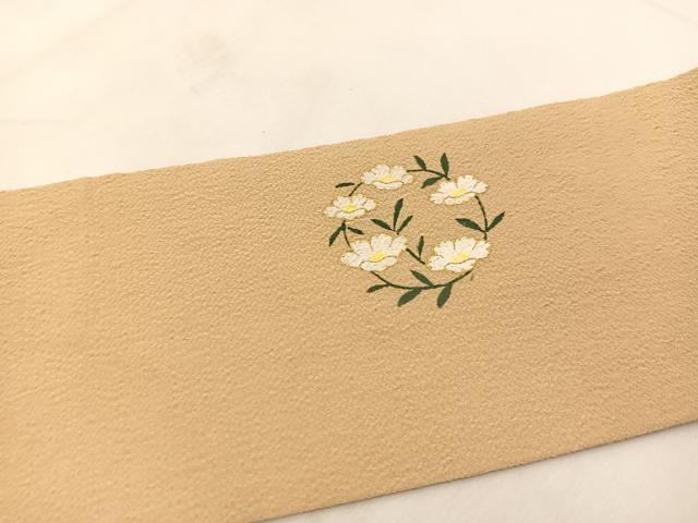 平和屋着物●九寸名古屋帯 手描き 雪輪花文 香色 金彩 鬼しぼ縮緬 正絹 逸品 BAAU8527yc