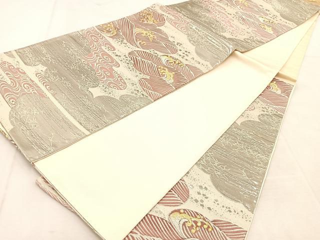 平和屋着物◎六通柄袋帯 唐織 プラチナ箔 雲取り立波文 正絹 逸品 BAAU8533yc