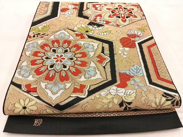 平和屋着物◎六通柄 本袋帯 唐織 亀甲正倉院花文 黒地 金糸 BAAU8539yc