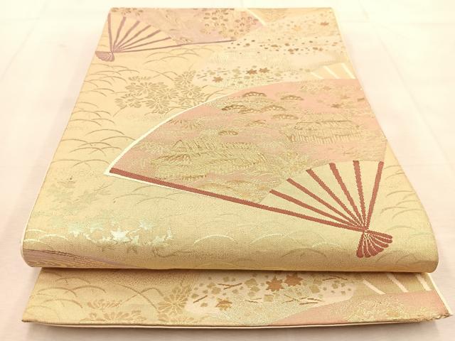 平和屋着物◎六通柄袋帯 扇面風景秋草文 金糸 正絹 逸品 BAAU8586yc
