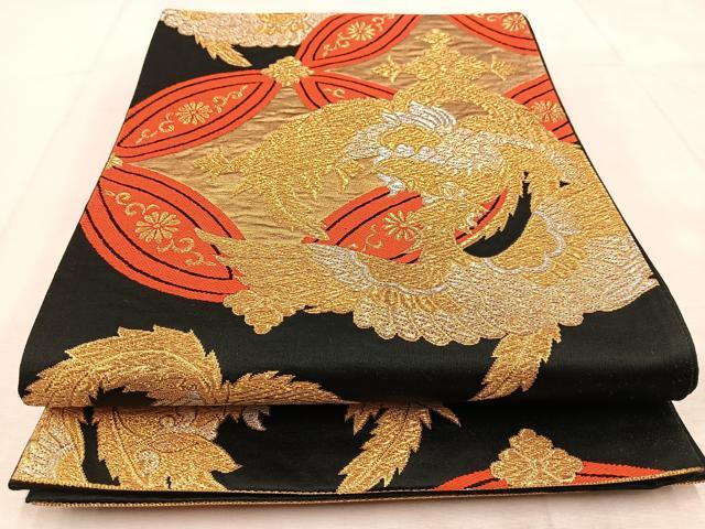 平和屋着物◎六通柄袋帯 向かい鳳凰七宝花菱文 黒地 金銀糸 正絹 逸品 BAAU8589yc