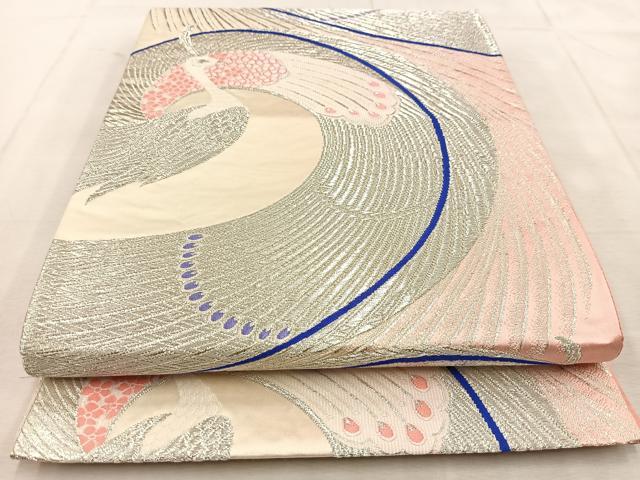 平和屋着物◎六通柄袋帯 唐織 孔雀 銀糸 正絹 逸品 BAAU8595yc