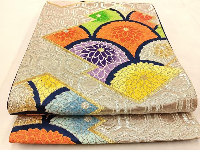 平和屋着物◎六通柄袋帯 唐織 松皮菱菊文 金銀糸 正絹 逸品 BAAU8613yc