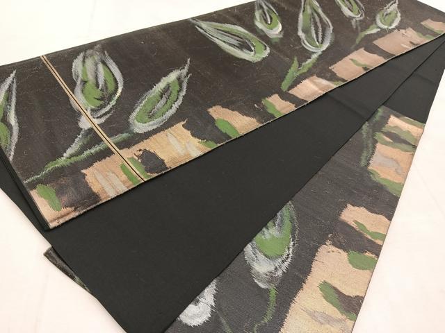 平和屋着物◎六通柄袋帯 笹竹文 黒地 金糸 引箔 正絹 逸品 BAAU8618yc