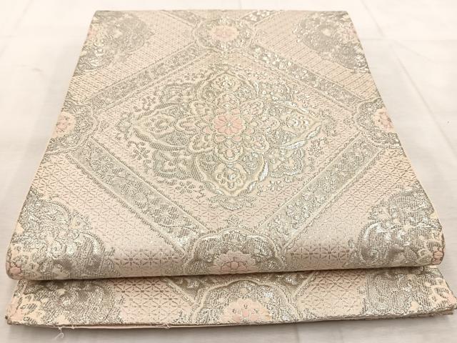 平和屋着物◎六通柄袋帯 唐織 格天井花文 銀糸 正絹 逸品 BAAU8645yc