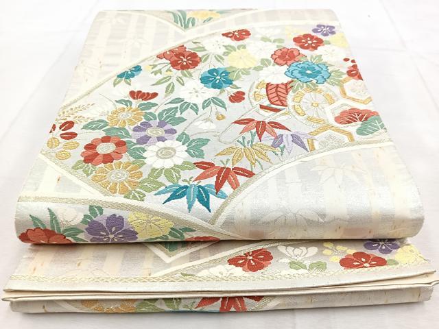 平和屋着物◎六通柄袋帯 唐織 地紙花車文 金銀糸 正絹 逸品 BAAU8649yc