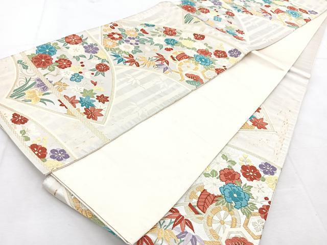平和屋着物◎六通柄袋帯 唐織 地紙花車文 金銀糸 正絹 逸品 BAAU8649yc