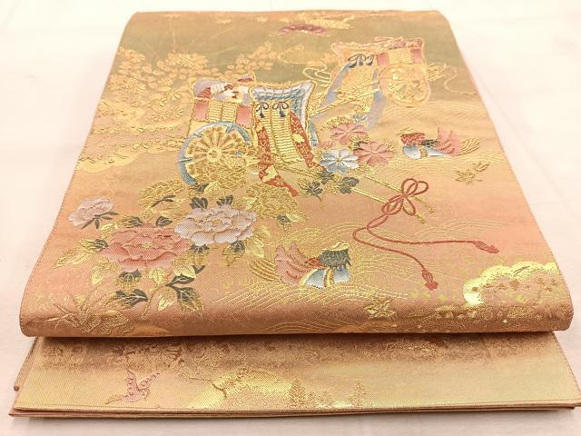 平和屋着物◎六通柄袋帯 ふくれ織 陶漆箔源氏車絵文 金糸 引箔 正絹 逸品 BAAU8680yc