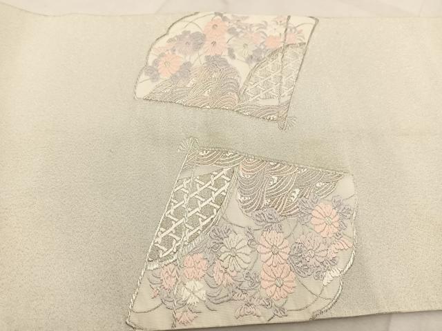 平和屋着物◎太鼓柄袋帯 唐織 綴れ 桧扇草花文様 銀糸 正絹 逸品 BAAU8682yc