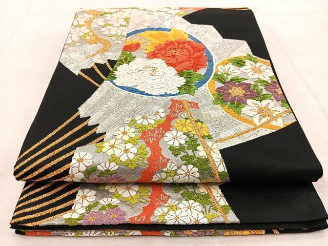 平和屋着物◎六通柄袋帯 唐織 檜扇花文 黒地 金銀糸 正絹 逸品 BAAU8700yc