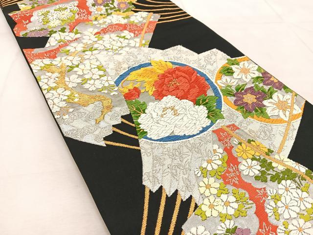 平和屋着物◎六通柄袋帯 唐織 檜扇花文 黒地 金銀糸 正絹 逸品 BAAU8700yc