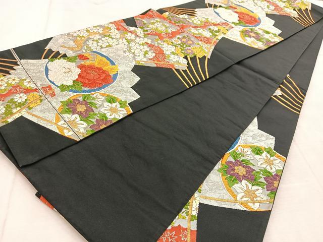 平和屋着物◎六通柄袋帯 唐織 檜扇花文 黒地 金銀糸 正絹 逸品 BAAU8700yc