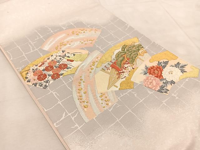 平和屋着物◎太鼓柄袋帯 唐織 地紙風景花文 金銀糸 引箔 正絹 逸品 BAAU8701yc