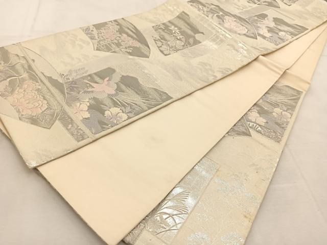 平和屋着物◎六通柄袋帯 吉祥花鳥文 プラチナ箔 九百錦 正絹 逸品 BAAU8702yc