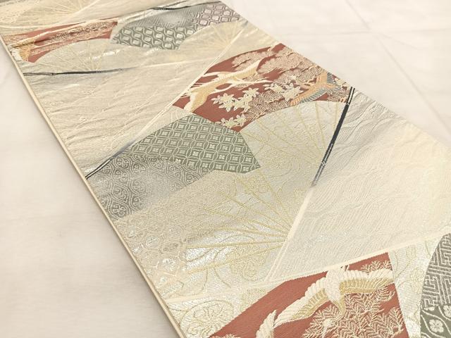 平和屋着物◎六通柄袋帯 唐織 扇面飛鶴花文 金銀糸 正絹 逸品 BAAU8773yc