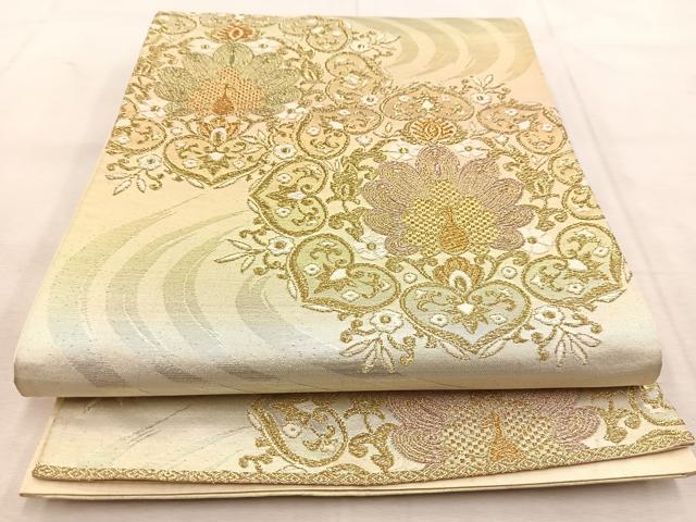 平和屋着物◎六通柄袋帯 唐織 流水孔雀花文 金銀糸 正絹 逸品 BAAU8788yc