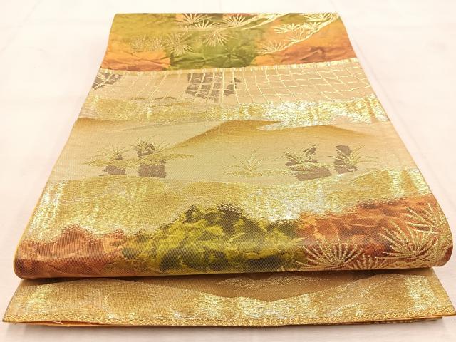 平和屋着物◎六通柄袋帯 瓦風景松文 金銀糸 引箔 正絹 逸品 BAAU8806yc