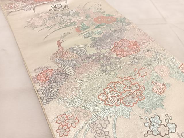 平和屋着物◎六通柄袋帯 草花孔雀文 九百プラチナ 正絹 逸品 BAAU8839yc