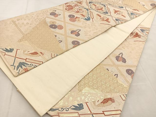 平和屋着物◎六通柄袋帯 双鶴更紗花文 金銀糸 正絹 逸品 BAAU8871yc