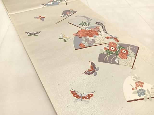 平和屋着物◎六通柄袋帯 唐織 扇面花蝶文 本銀箔 正絹 逸品 BAAU8897yc