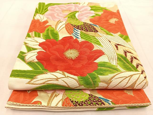 袋帯 正絹 扇面 花鳥文様 金糸 袋帯 本金二重箔 扇面花鳥 文六通柄 良品 フォーマル用 正絹 古典