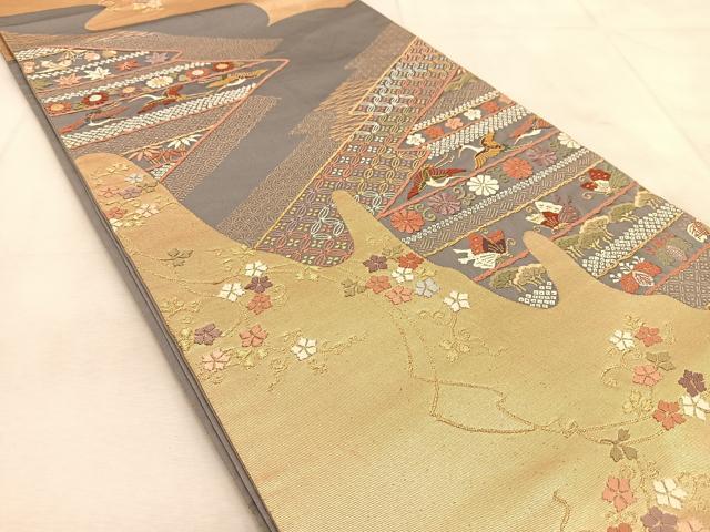 平和屋着物◎六通柄袋帯 唐織 吉祥動物花文 金糸 正絹 逸品 BAAU8941yc