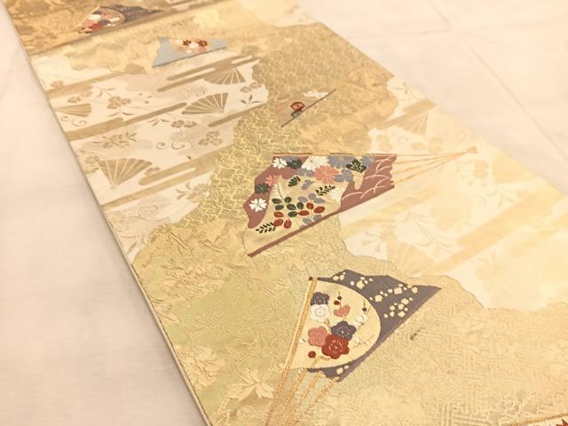 平和屋着物◎六通柄袋帯 唐織 吉祥扇花文 金糸 正絹 逸品 BAAU8956yc