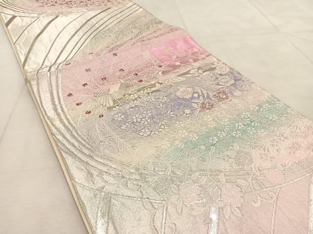 平和屋着物◎六通柄袋帯 唐織 孔雀花文 銀彩 正絹 逸品 BAAU8970yc