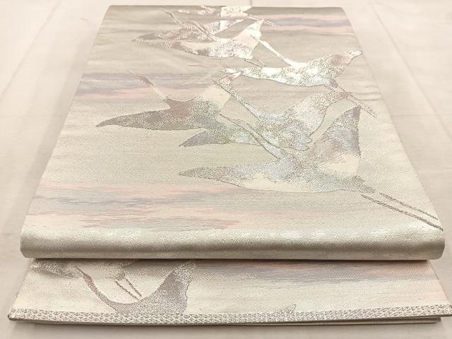 平和屋着物◎六通柄袋帯 群鶴 銀糸 正絹 逸品 BAAU8981yc