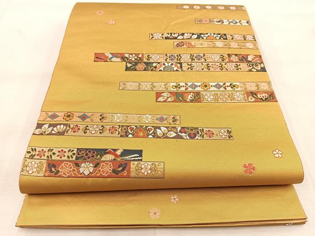 平和屋着物◎六通柄袋帯 唐織 横段更紗花鳥文 古典名錦 古代九百錦 金糸 引箔 正絹 逸品 BAAU8988yc
