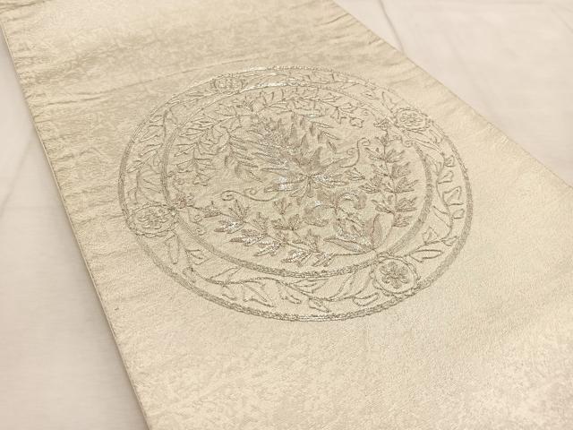 平和屋着物◎太鼓柄袋帯 総刺繍 銀駒刺繍 花絵皿文 銀糸 正絹 逸品 BAAU9030yc