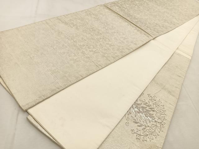 平和屋着物◎太鼓柄袋帯 総刺繍 銀駒刺繍 花絵皿文 銀糸 正絹 逸品 BAAU9030yc