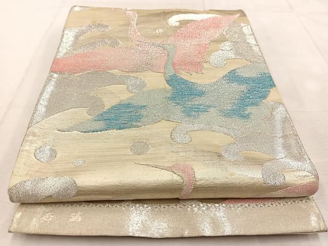 平和屋着物◎六通柄袋帯 飛鶴立波文 銀糸 正絹 逸品 BAAU9037yc