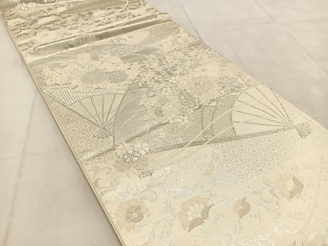 平和屋着物◎六通柄袋帯 美保姿 扇面花車文 銀糸 正絹 逸品 BAAU9040yc