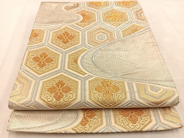 平和屋着物◎六通柄袋帯 唐織 亀甲花菱文 金銀糸 正絹 逸品 BAAU9053yc